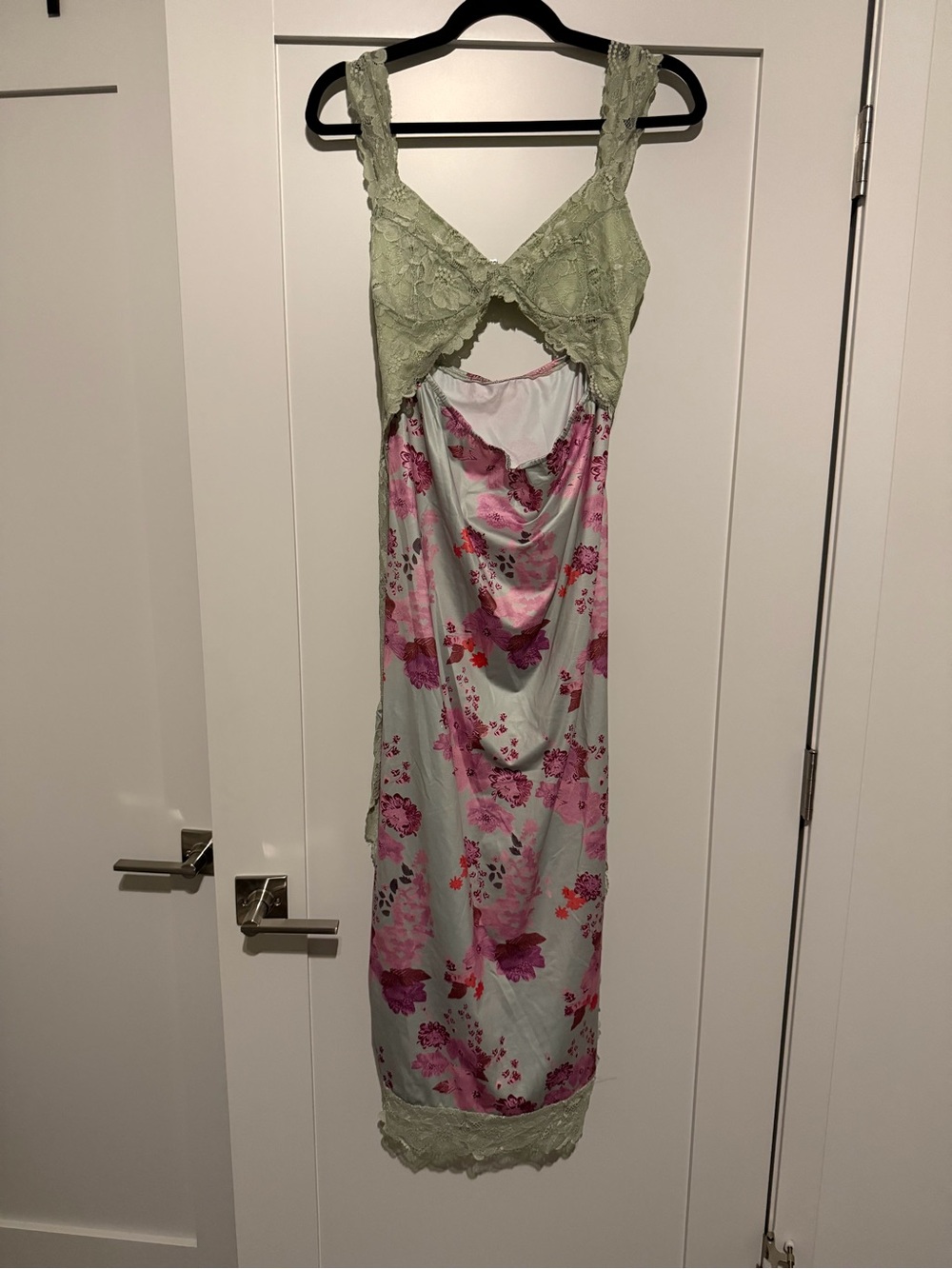 Floral Satin Lace-Trim Slip Dress in Sage Green and Pink